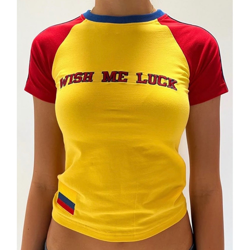 Wish Me Luck Size Large Baby Crop Tee yellow red blue raglan Columbia flag